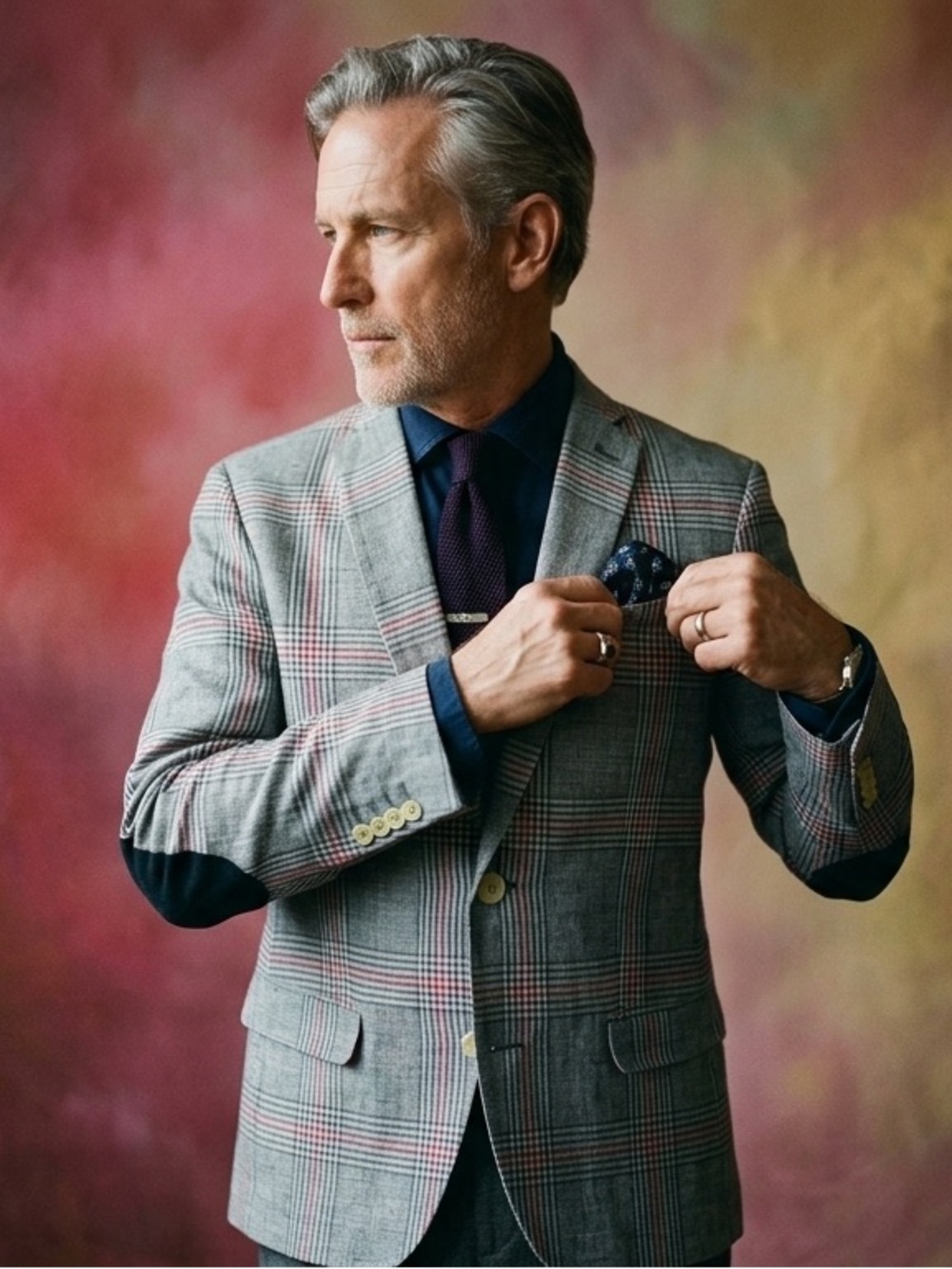 Zara Gray Plaid Sport Coat with Pink Windowpane and Navy Elbow Patches